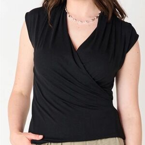 Adrianna Papell Sleeveless Black V-Neck Faux Wrap Viscose Stretch Top Small EUC‎